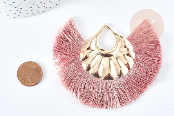 EP Pendentif large pompon fil rose clair support fer doré 85-92mm,pendentif bijoux xxL, x2 (G8374)