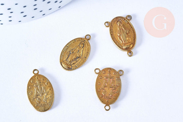 EP-Pendentif médaille ovale Vierge Marie laiton brut 3 anneaux, pendentif religion notre dame madonne, les 2 -G6559
