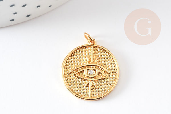EP-Pendentif médaille ronde oeil laiton doré 18K texturé 22mm, x1 G4853