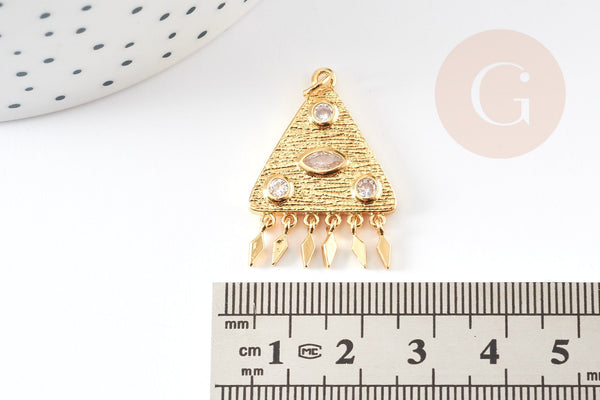 EP-Pendentif médaille triangle oeil laiton doré 18K avec papilles zircons 30mm, x1 G4655
