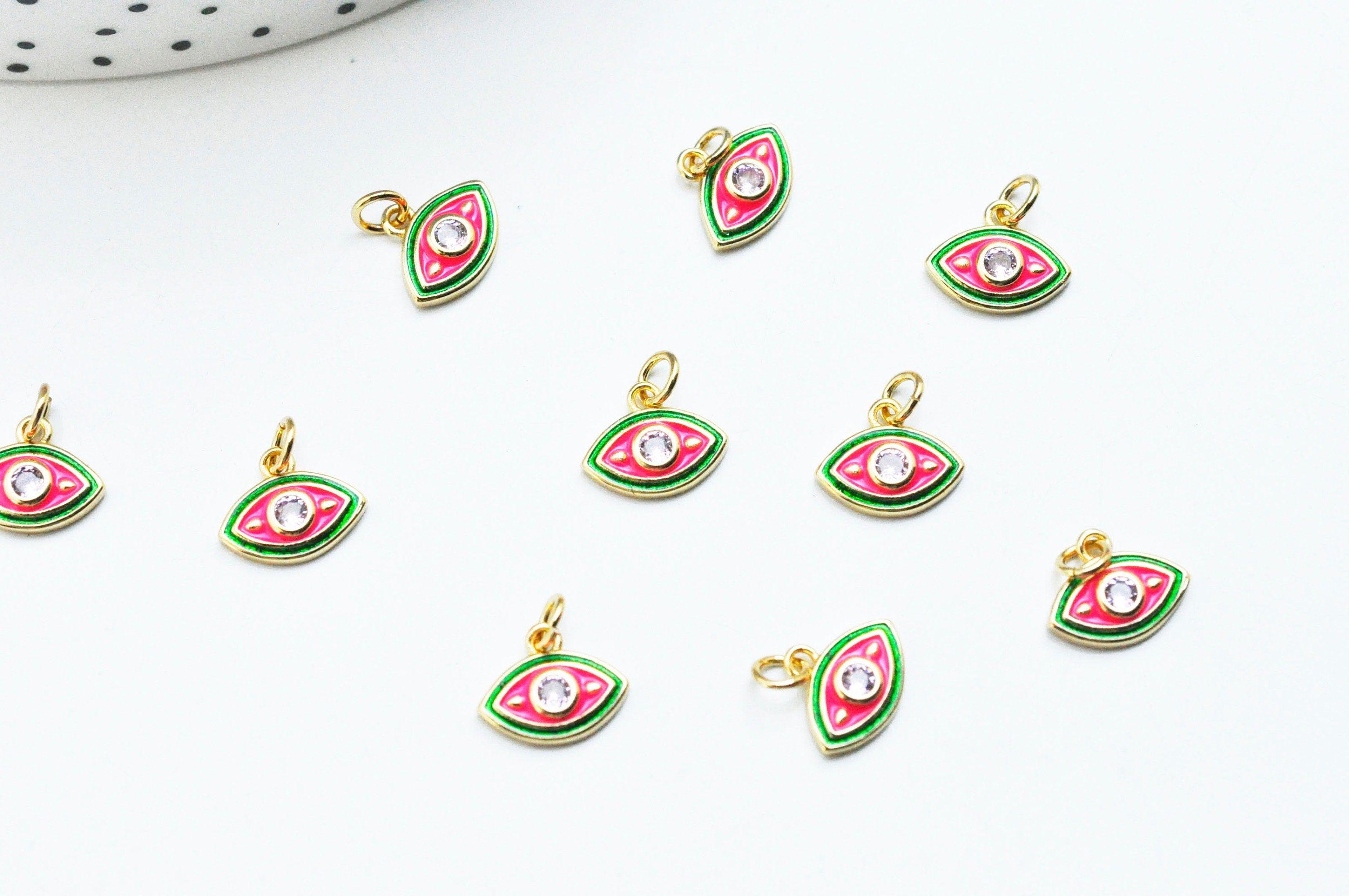 EP Pendentif petit oeil émail vert & rouge zircon doré 18K 13mm, x1 G5018