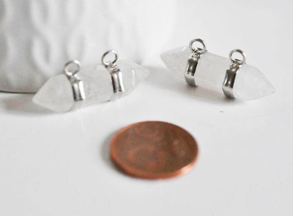 EP Pendentif pointe cristal argent double, pendentif pierre, support argenté, création bijoux, pierre naturelle, 32mm-G2303