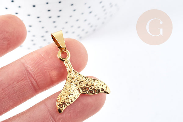 EP-Pendentif queue de sirène acier doré texturé 304 inoxydable 26mm, x1 (G8621)