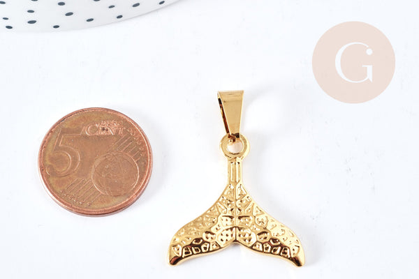 EP-Pendentif queue de sirène acier doré texturé 304 inoxydable 26mm, x1 (G8621)