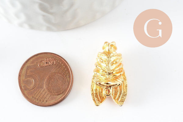 EP-Pendentifs doré cigale émaillé 24.5mm, x1 (G3933)
