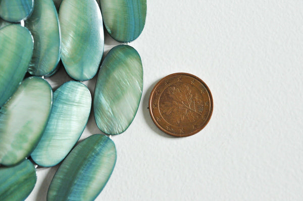 EP Perle ovale nacre verte naturelle, perle rectangulaire, coquillage teinté vert, 30mm, fil de 13-G1061