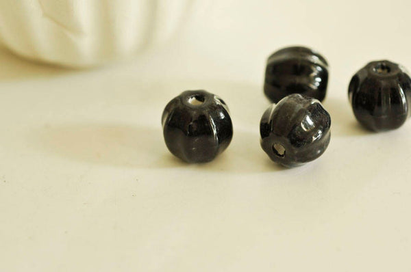 EP-Perle porcelaine noire striée 13mm, x5 G1888