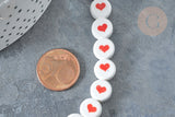 Perles Rondes plates porcelaine blanche cœur rouge 10.5x5.5mm,bijoux porcelaine, fil de 30cm, x1 G7804