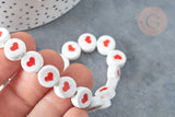 Perles Rondes plates porcelaine blanche cœur rouge 10.5x5.5mm,bijoux porcelaine, fil de 30cm, x1 G7804