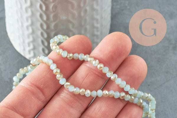 EP-Perles rondelles verre opaque facettées bleu pâle et doré 4x3mm, bijou fantaisie DIY, fil de 39cm, x1 G8264