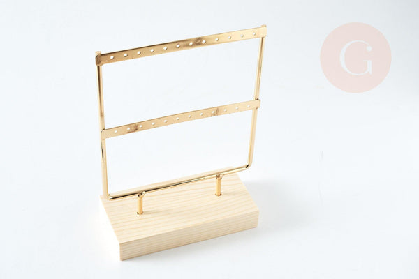 EP Présentoir à bijoux boucles d'oreilles laiton doré socle bois 20.7cm 2 rangées, x1 G8377