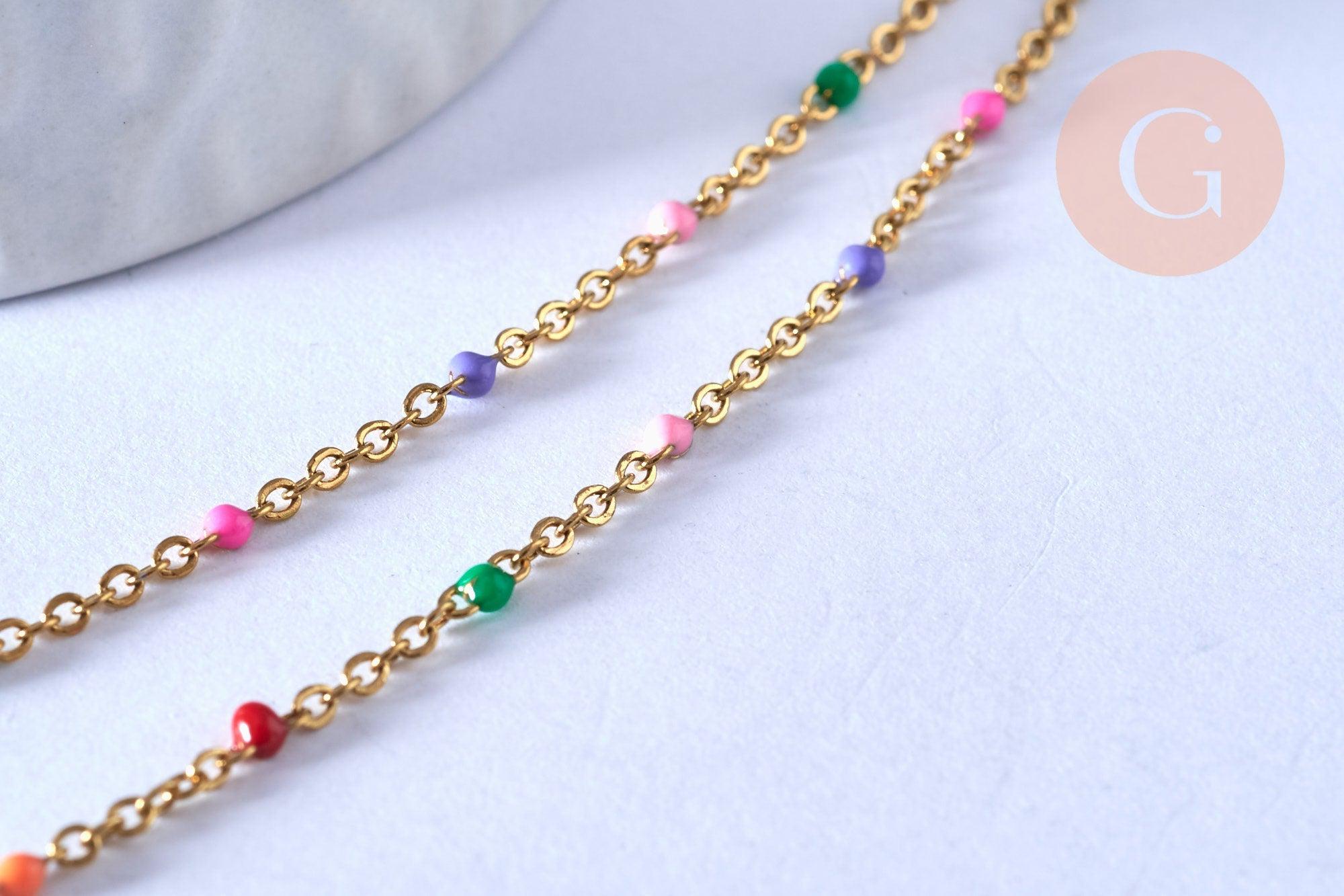 EP-chaine de cheville acier doré 14k résine multicolore chaine doree 1.5-2mm/23cm, x1 (G3662)
