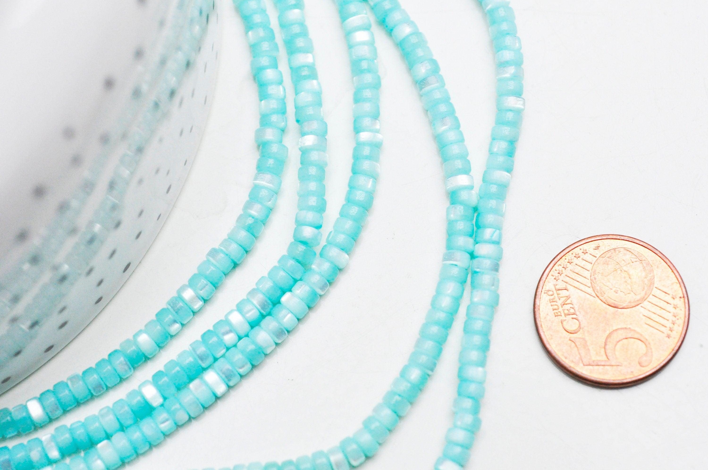 EP-perle nacre naturelle heishi bleu turquoise pastel,tube coquillage coloré,perle coquillage,création bijoux,2x4mm, le fil de 185 perles G4771