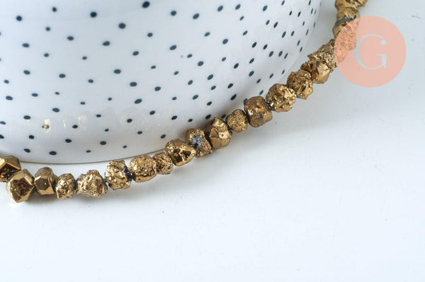 EP perle nuggets quartz brut dorée perle ronde 8-12mm, x1 fil de 40cm G6186