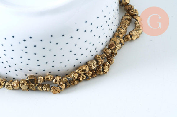 EP perle nuggets quartz brut dorée perle ronde 8-12mm, x1 fil de 40cm G6186