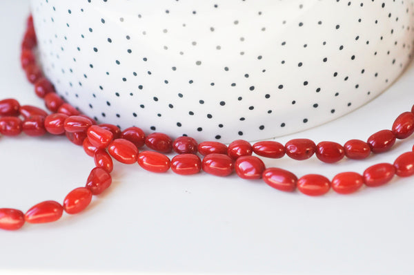 EP perle ovale corail rouge, perles corail, fabrication bijoux,corail rouge,corail naturel, 9-13x6-7.5mm, le fil 35 perles G5034