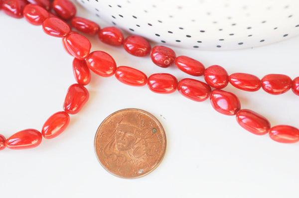 EP perle ovale corail rouge, perles corail, fabrication bijoux,corail rouge,corail naturel, 9-13x6-7.5mm, le fil 35 perles G5034