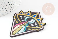 Ecusson brodé à repasser triangle oeil 86mm customisation vêtement, écusson thermocollant,patch écusson brodé, x1 G2847