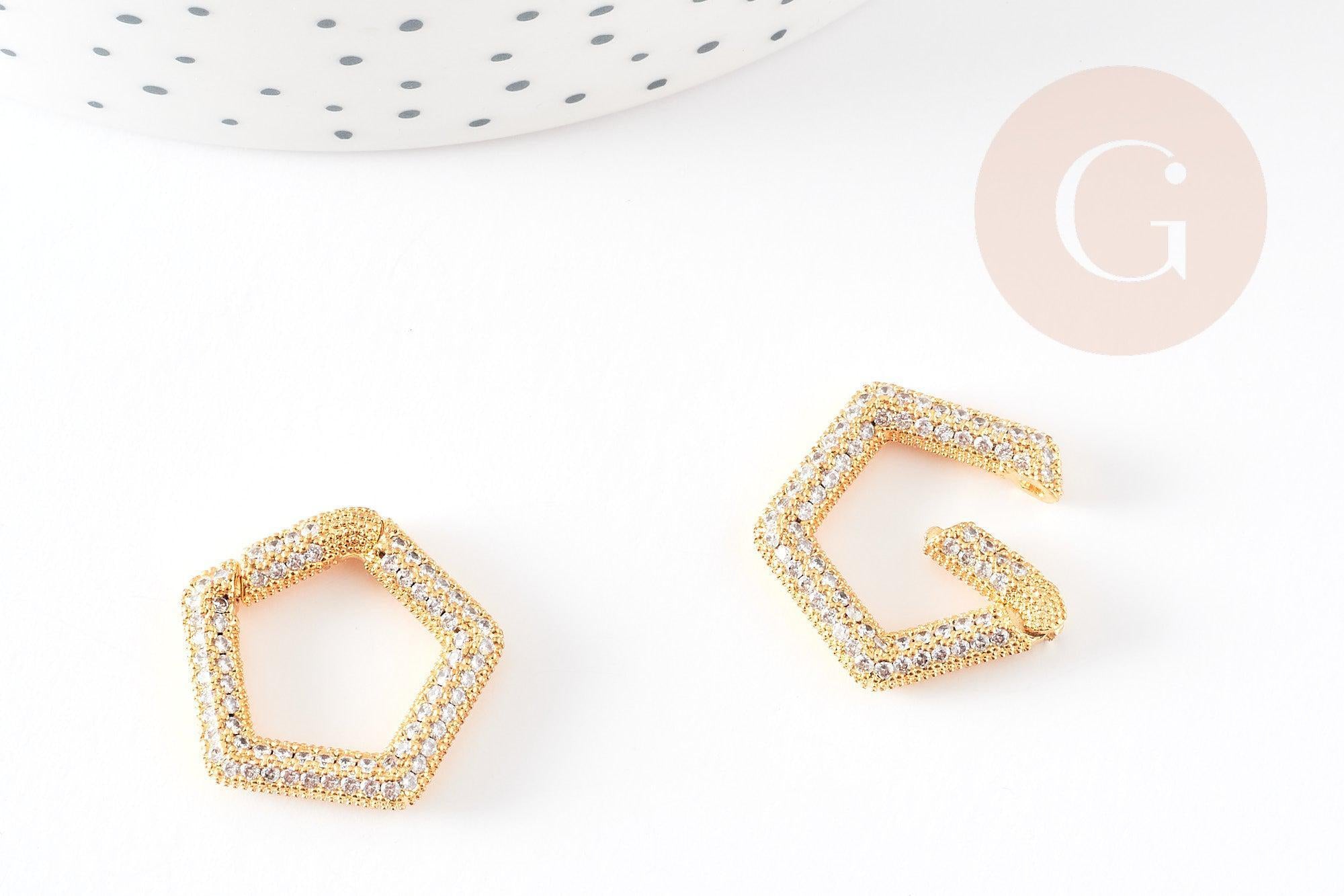 Fermoir à clapet hexagone laiton doré 16k zircon blanc 21mm, x1 (G6686)