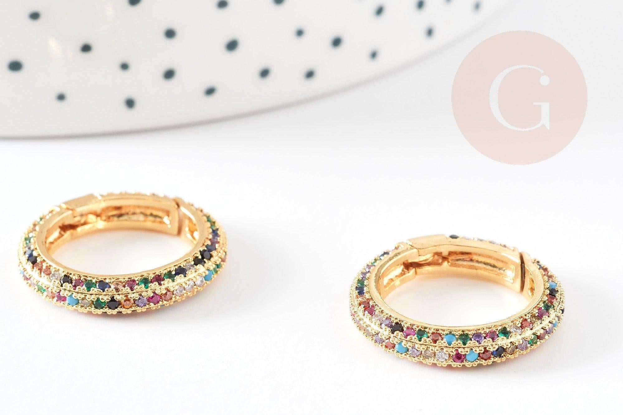 Fermoir à clapet rond laiton doré 16k zircon multicolore 21mm, x1 (G5641)