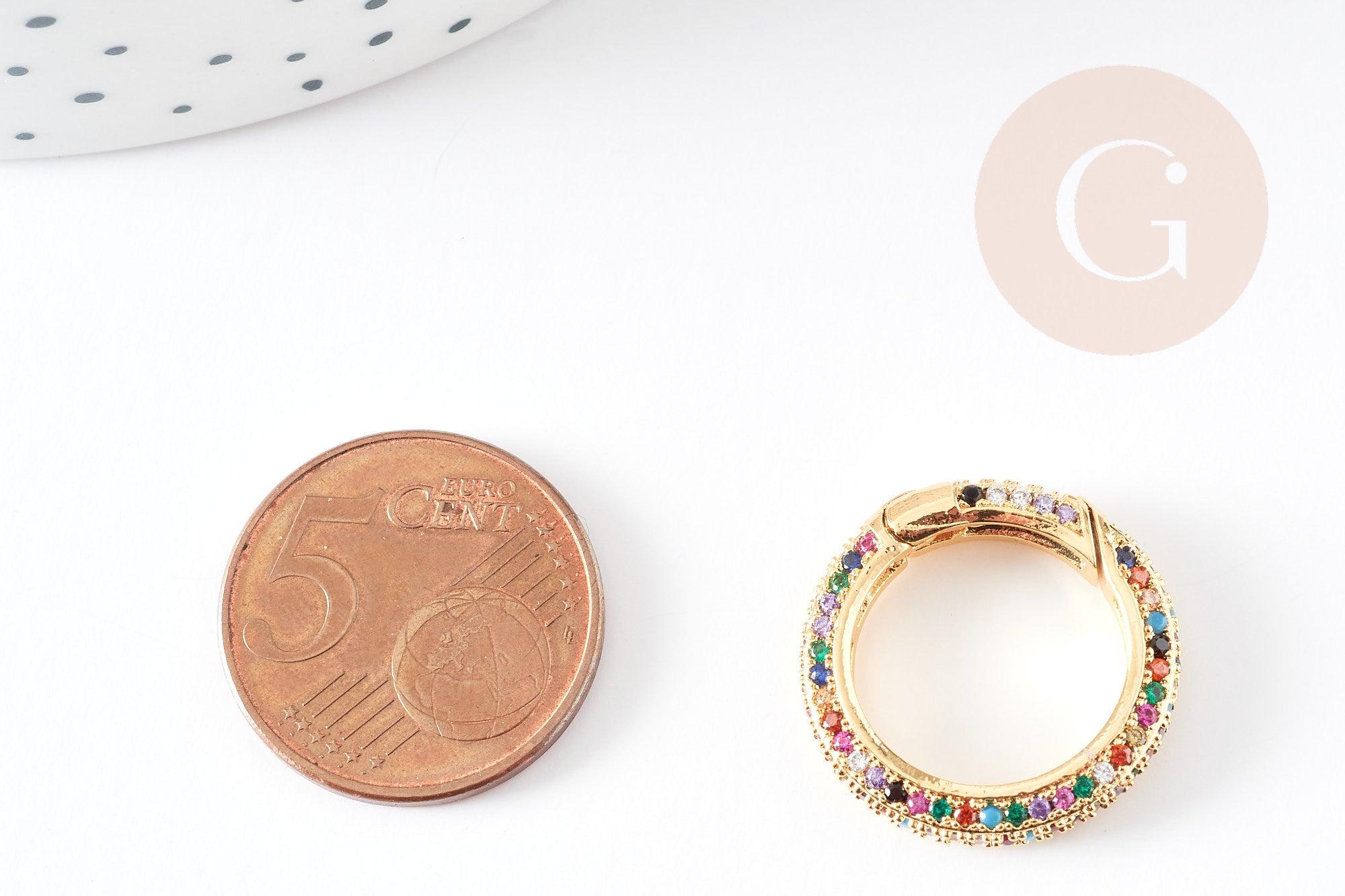 Fermoir à clapet rond laiton doré 16k zircon multicolore 21mm, x1 (G5641)