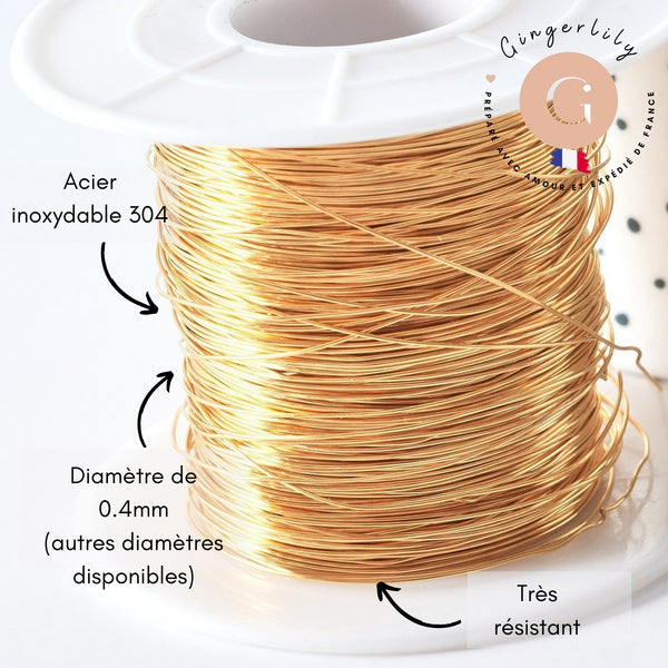 Fil d'acier inoxydable doré IP 0.4mm, x1 Mètre (G7699)