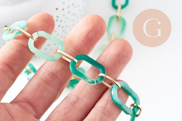 Grosse Chaine ronde écaille acrylique vert et aluminium doré texturé,perle acétate, chaine plastique,18.5mm, x1 mètre (G3365)