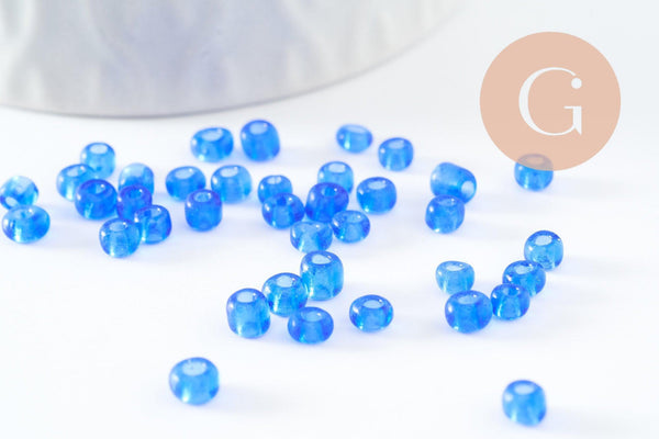Grosses perles rocaille bleu transparent 4mm, x10g (G3814)