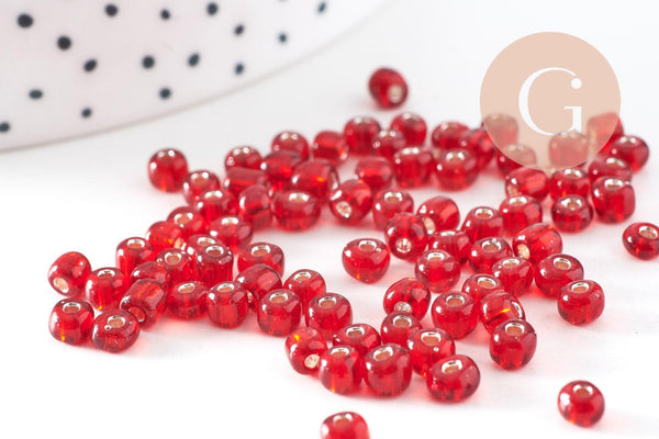 Grosses perles rocaille rouge transparente argent 4mm, x10gr (G3734)