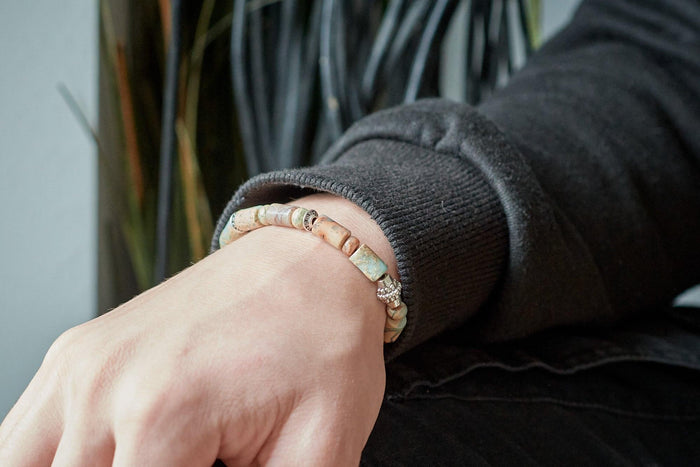 Kit Bracelet pour Homme Jaspe naturelle et zamac argenté MARIN, x1 pochette 1 bracelet (G9178)