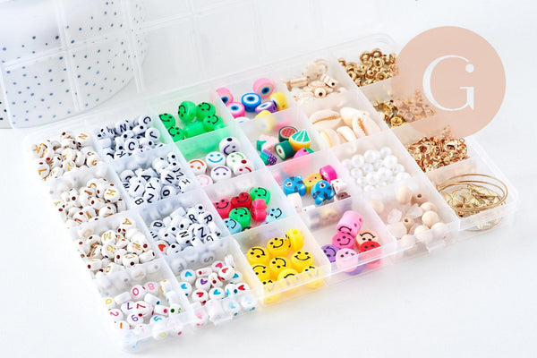 Kit boite mix de perles lettre et smiley, x1 (G10792)