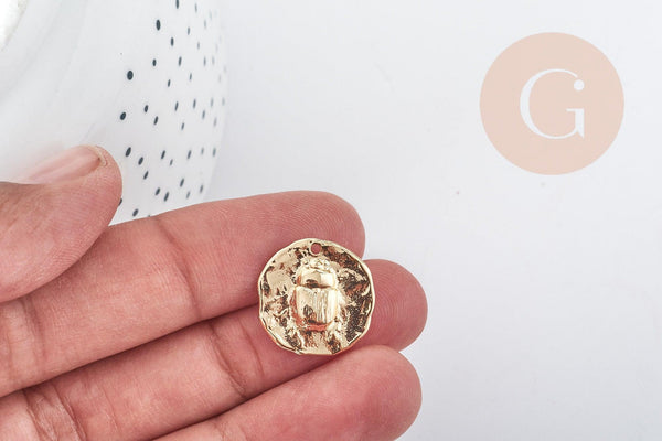 Médaille Ronde Scarabée laiton doré 18K 17mm, création bijoux chance x1 G9020