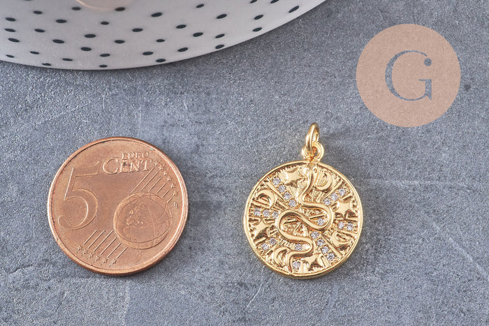Médaille serpent laiton doré 18k cristal,sans nickel,pendentif animal, Pendentif zircon,18.5mm, x1 G5518