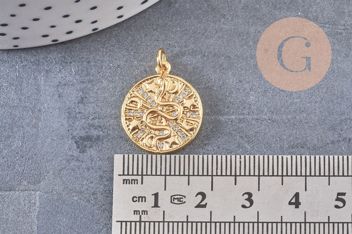 Médaille serpent laiton doré 18k cristal,sans nickel,pendentif animal, Pendentif zircon,18.5mm, x1 G5518