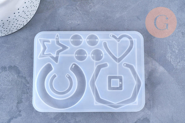 Moule pour fabrication boucles cercle hexagone coeur résine, moule en silicone pour réaliser des bijoux avec inclusion résine, x1 G5893