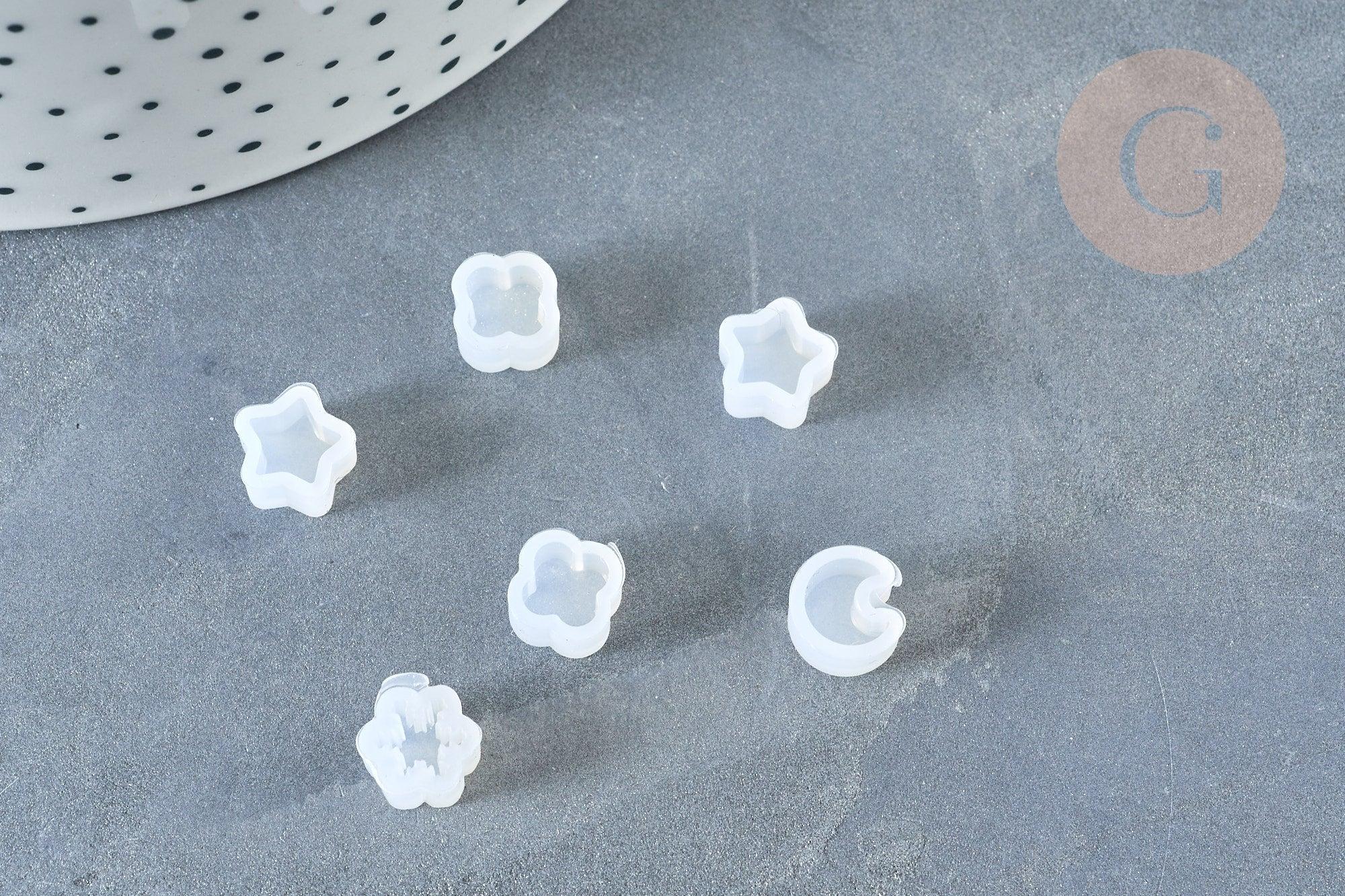 Moules petits en silicone lune, fleur, étoile inclusion résine 8~8.5mm, x2 (G8329)