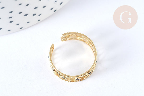 NPR-Bague réglable étoile émail noir acier doré Taille 54, x1 (G7012)