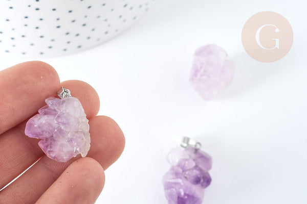 Pendentif Améthyste naturelle pierre brute laiton platine 20~26mm, création bijoux pierre naturelle, x1 (G7903)
