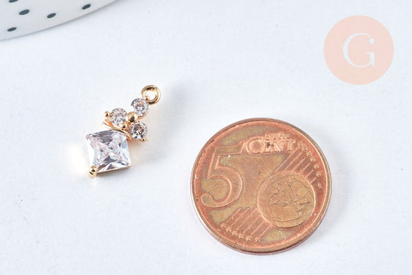 Pendentif Breloque losange laiton doré zircons 17mm, pendentif géométrique, x1 (G6967)