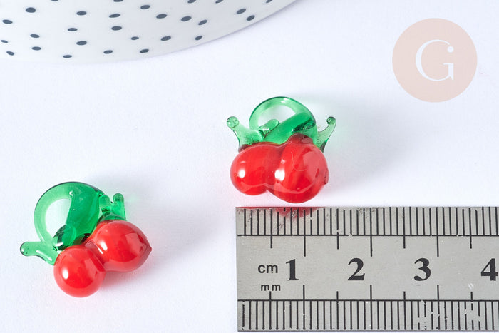 Pendentif Cerise fruit rouge verre 17~19mm, x5 (G7892)