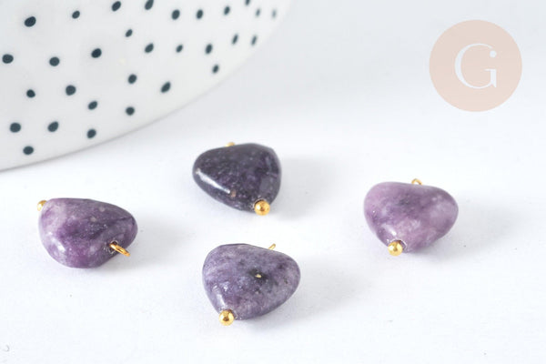 Pendentif Cœur Lépidolite pierre naturelle 15~15,5mm, pendentif pierre naturelle pour création de bijoux, x1 G7592