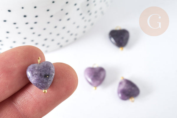 Pendentif Cœur Lépidolite pierre naturelle 15~15,5mm, pendentif pierre naturelle pour création de bijoux, x1 G7592