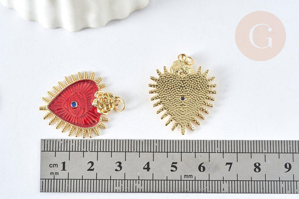 Pendentif Cœur mauvais œil émail rouge foncé laiton doré 30mm, Pendentif chance, x1 G8407