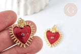 Pendentif Cœur mauvais œil émail rouge foncé laiton doré 30mm, x1 (G8407)