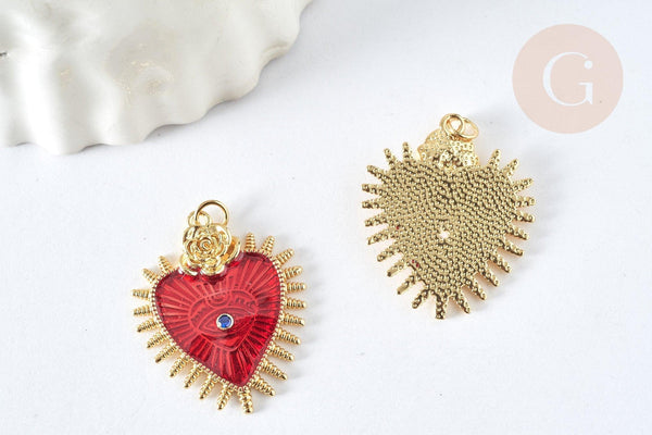 Pendentif Cœur mauvais œil émail rouge foncé laiton doré 30mm, Pendentif chance, x1 G8407