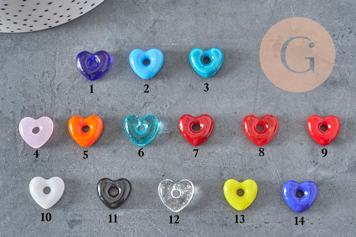 Handcrafted Colored Glass Heart Pendant with Hole 14x15mm, x1 (G11039)