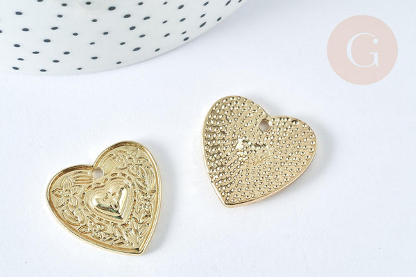 Pendentif Cœur zamac doré clair 25,5mm,fourniture création de bijoux, x1 G7416