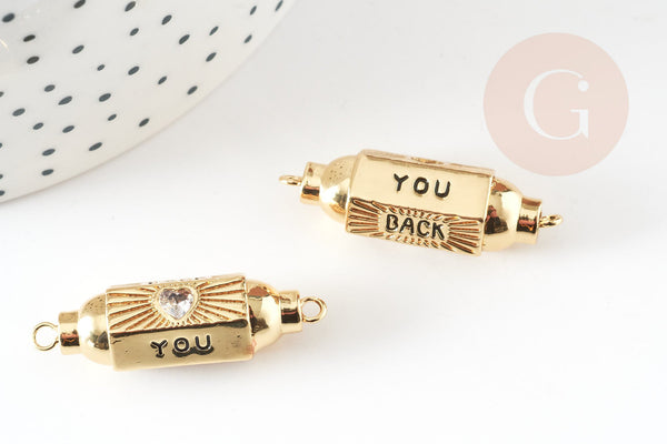 Pendentif Connecteur tube talisman zircon blanc laiton doré 18K 34mm YOU BACK, créations bijoux bonheur, x1 G9330
