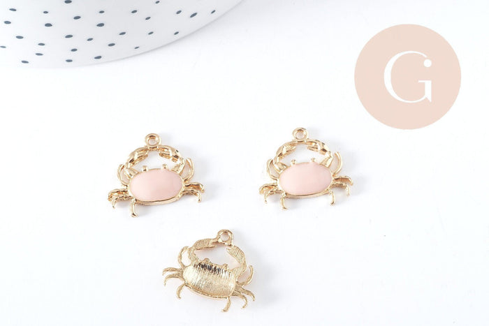 Pendentif Crabe zamac doré émail rose 15mm, x1 (G8991)