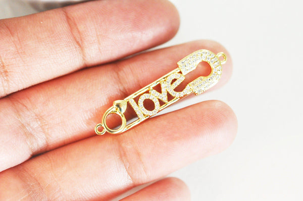 Pendentif Epingle à nourrice LOVE laiton doré 18k cristal,sans nickel,coeur bijoux,pendentif amour, Pendentif zircon,41mm x1 (G5321)
